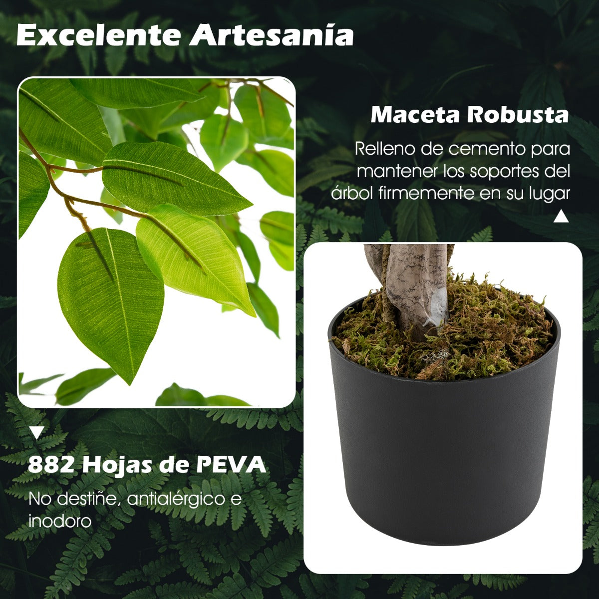 150 cm Árbol de Ficus Artificial con Maceta 882 Hojas Tronco Realista Musgo Seco Planta Realista en Maceta para Interior Exterior Verde