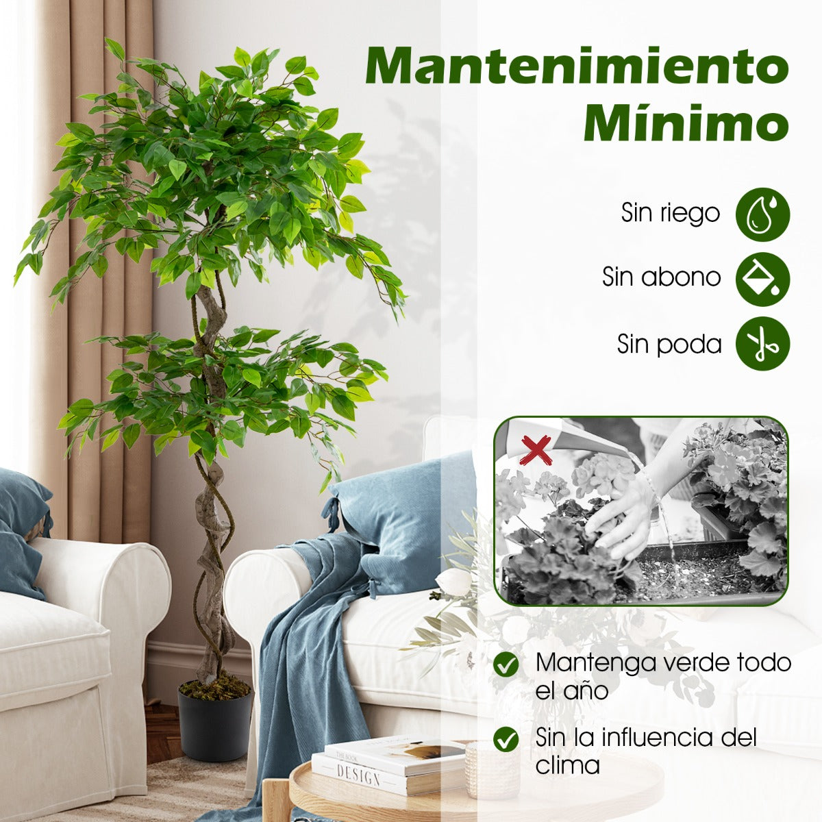 150 cm Árbol de Ficus Artificial con Maceta 882 Hojas Tronco Realista Musgo Seco Planta Realista en Maceta para Interior Exterior Verde