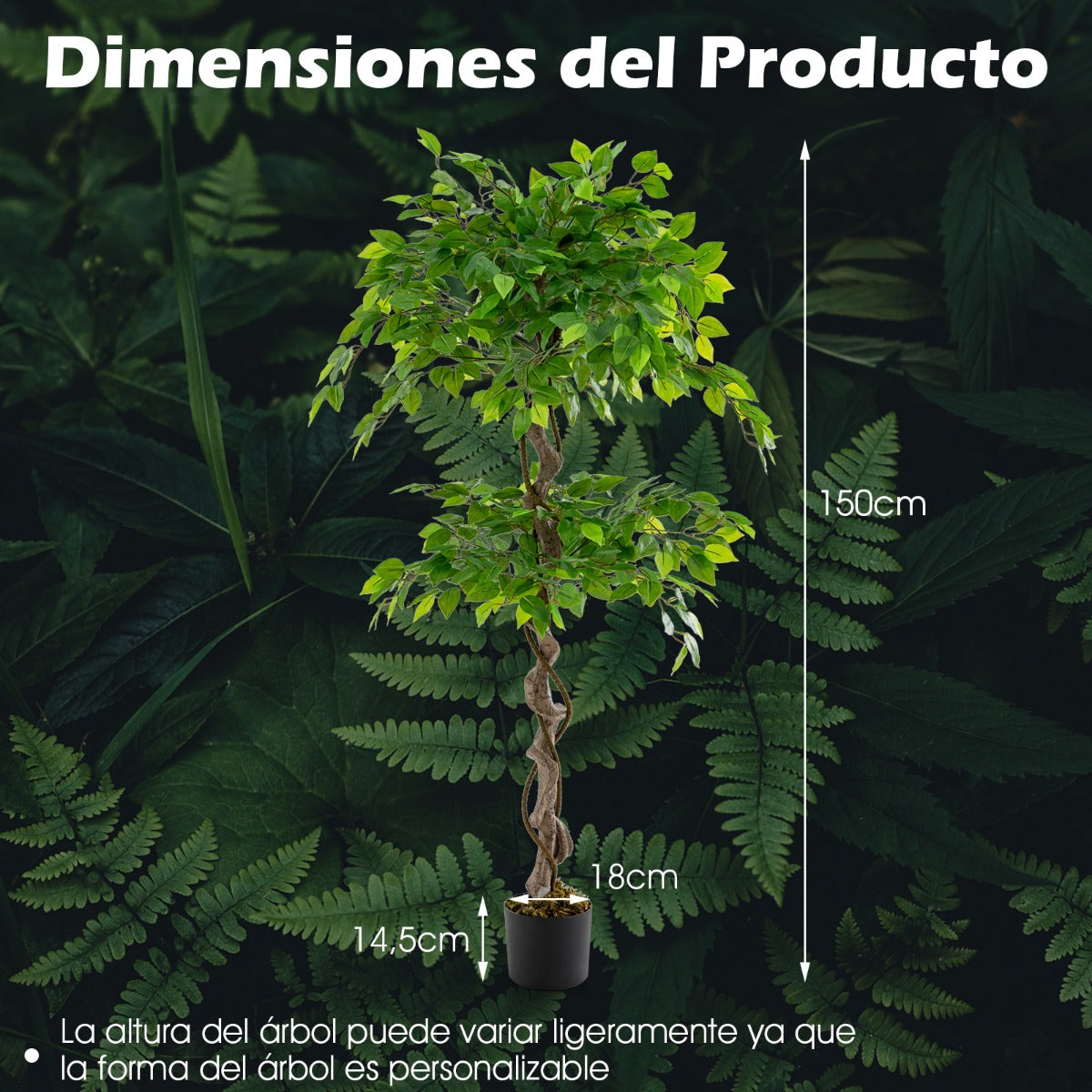 150 cm Árbol de Ficus Artificial con Maceta 882 Hojas Tronco Realista Musgo Seco Planta Realista en Maceta para Interior Exterior Verde