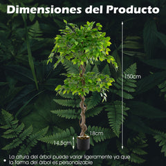 150 cm Árbol de Ficus Artificial con Maceta 882 Hojas Tronco Realista Musgo Seco Planta Realista en Maceta para Interior Exterior Verde