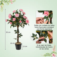 93 cm Árbol de Flores Artificial Planta Floral Falsa con Rosas Tronco de Madera Decoración Interior y Exterior de Oficina y Entrada Rosa