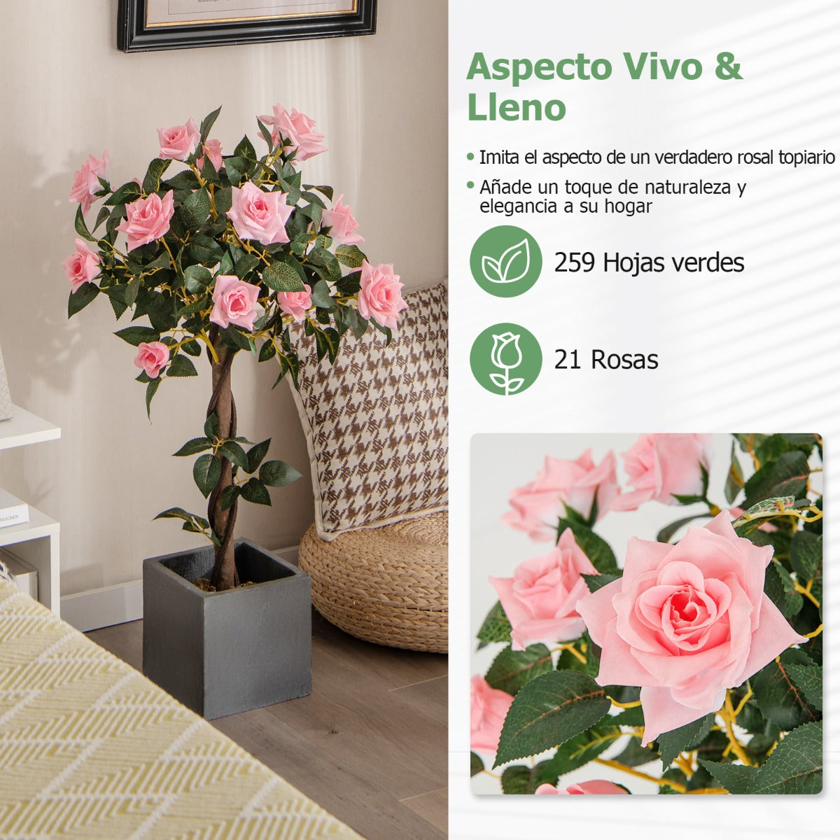 93 cm Árbol de Flores Artificial Planta Floral Falsa con Rosas Tronco de Madera Decoración Interior y Exterior de Oficina y Entrada Rosa