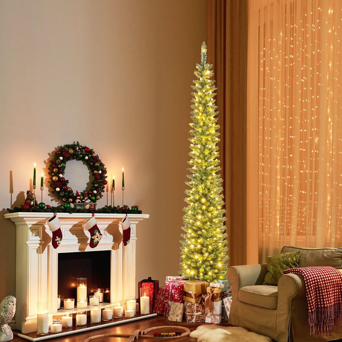 210cm Árbol de Navidad Artificial de Preiluminado con 200 Luces LED Blancas Cálidas Árbol de Decoración Forma de Lápiz para Hogar