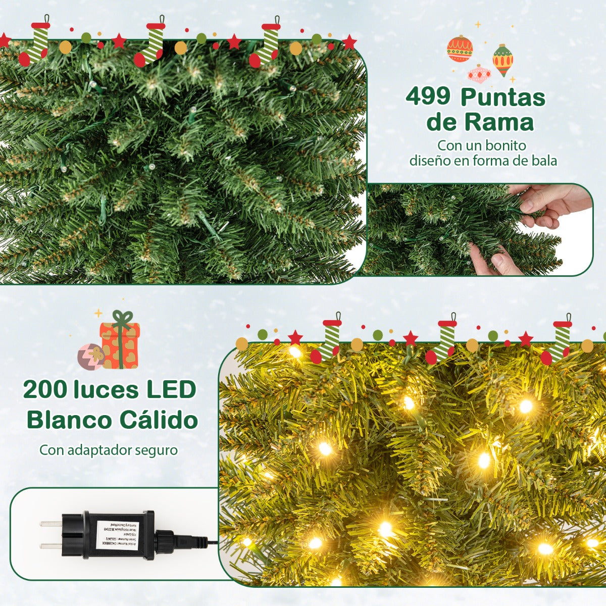 210cm Árbol de Navidad Artificial de Preiluminado con 200 Luces LED Blancas Cálidas Árbol de Decoración Forma de Lápiz para Hogar