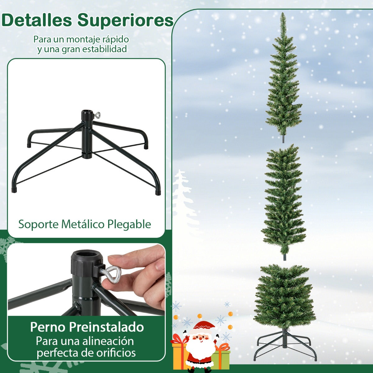 210cm Árbol de Navidad Artificial de Preiluminado con 200 Luces LED Blancas Cálidas Árbol de Decoración Forma de Lápiz para Hogar