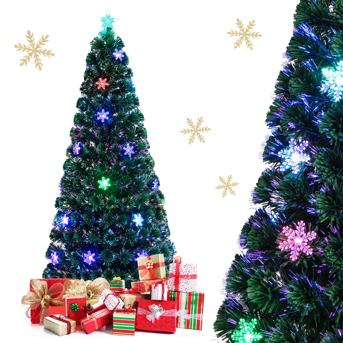 1,8m Árbol de Navidad Artificial 180cm con Base Iluminado con Fibra de Vidrio Cambia Color para Navidad Hogar Fiesta Decoración