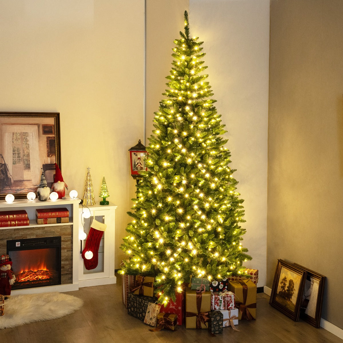 240 cm Árbol de Navidad Artificial Pre-iluminado Angular 270° con 1137 Ramas 360 Luces LED Base de Metal Decoración Festiva para Casa