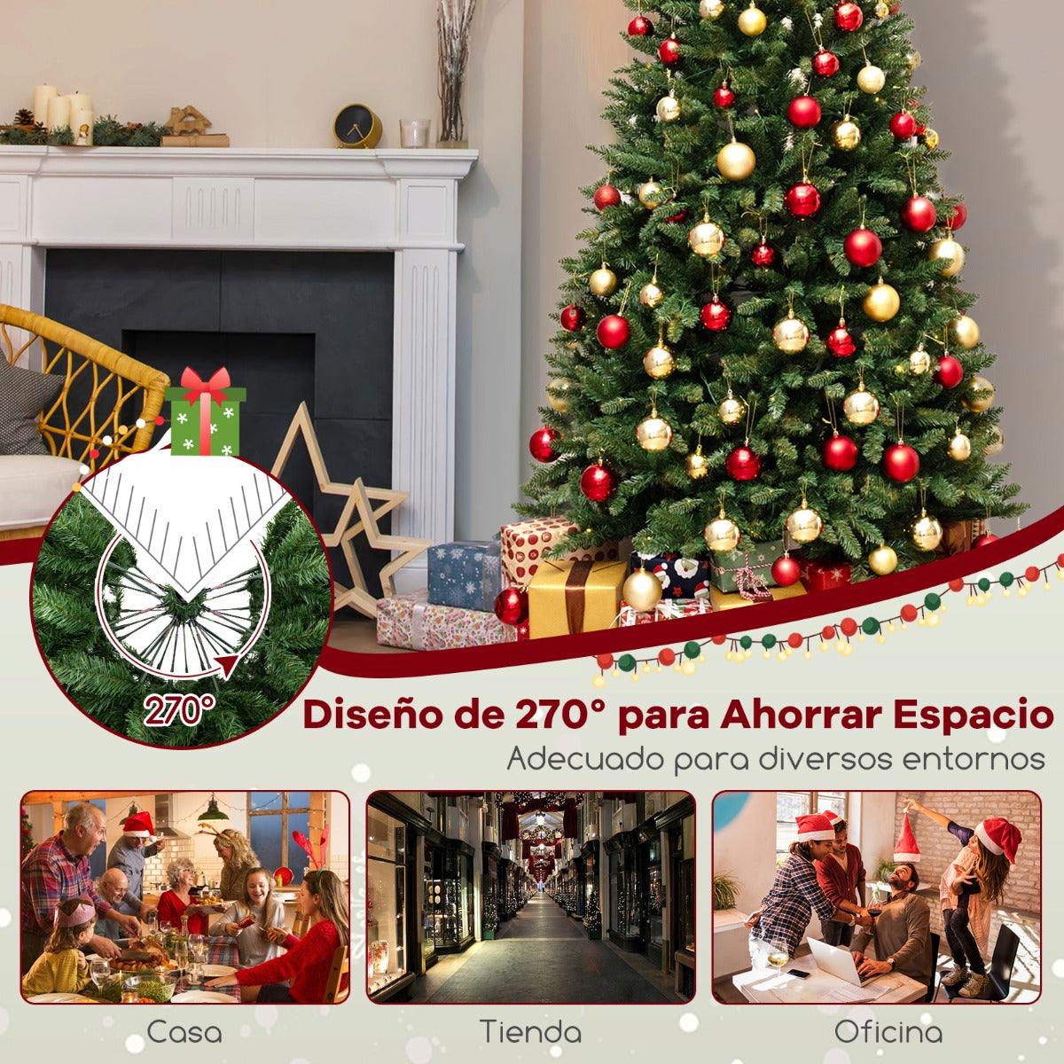 240 cm Árbol de Navidad Artificial Pre-iluminado Angular 270° con 1137 Ramas 360 Luces LED Base de Metal Decoración Festiva para Casa