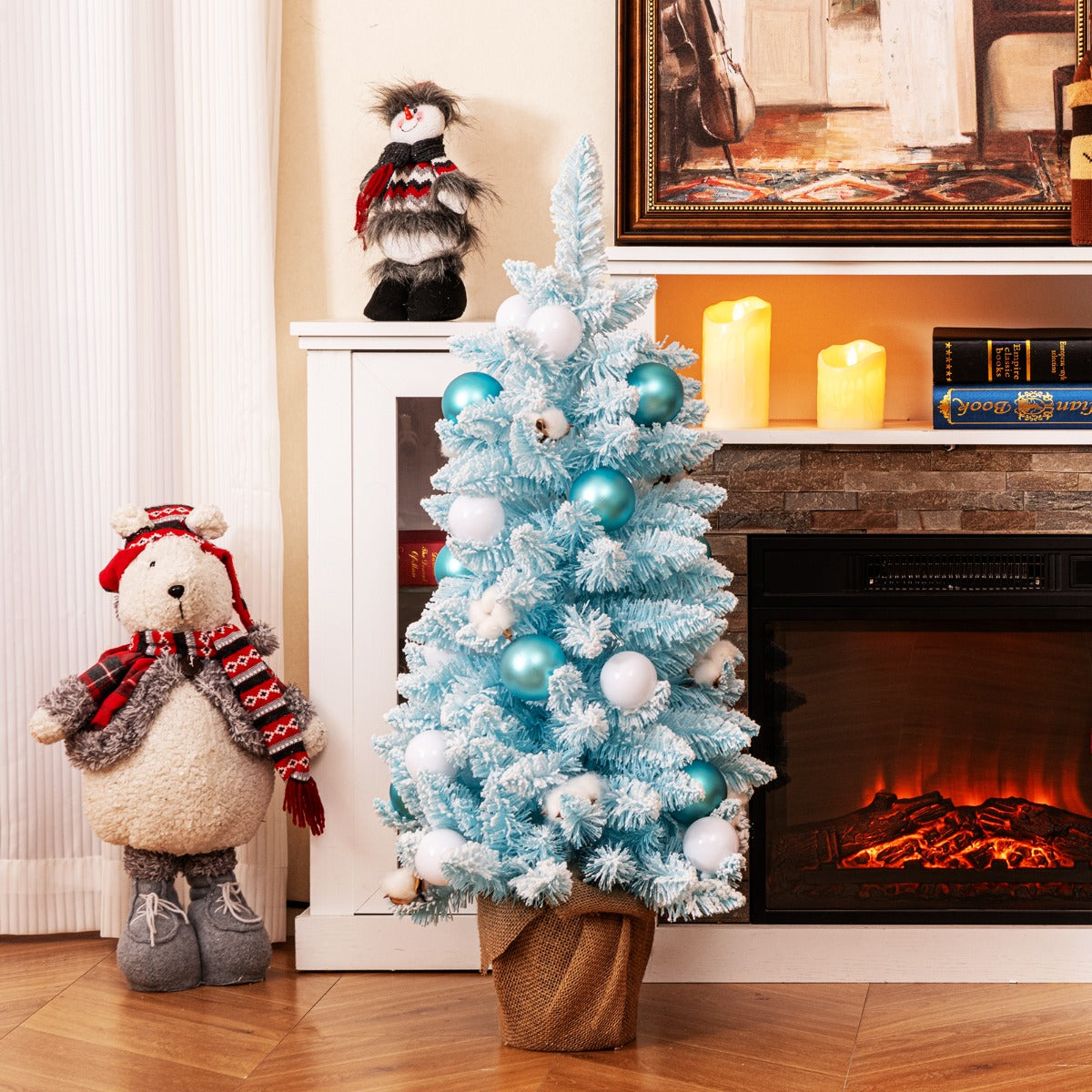 90 cm Mini Árbol de Navidad Artificial Navideño de Sobremesa Predecorado con 12 Bolas de Algodón 24 Bolas Decorativas Ramas Nevadas Azul