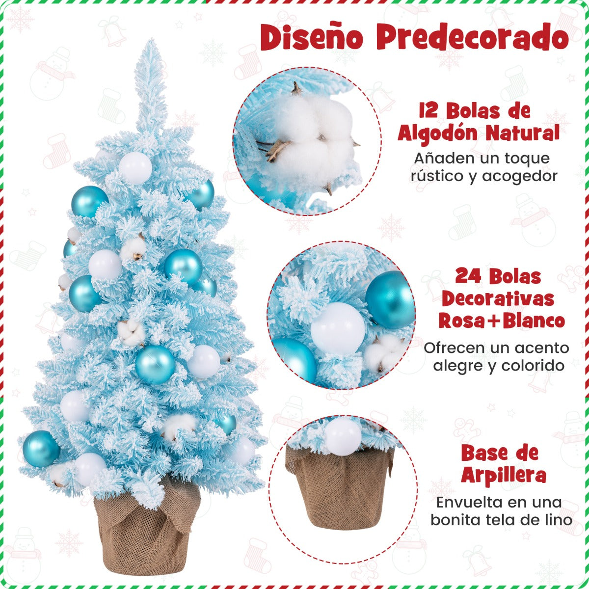 90 cm Mini Árbol de Navidad Artificial Navideño de Sobremesa Predecorado con 12 Bolas de Algodón 24 Bolas Decorativas Ramas Nevadas Azul