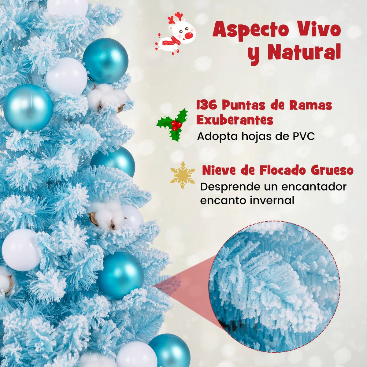 90 cm Mini Árbol de Navidad Artificial Navideño de Sobremesa Predecorado con 12 Bolas de Algodón 24 Bolas Decorativas Ramas Nevadas Azul
