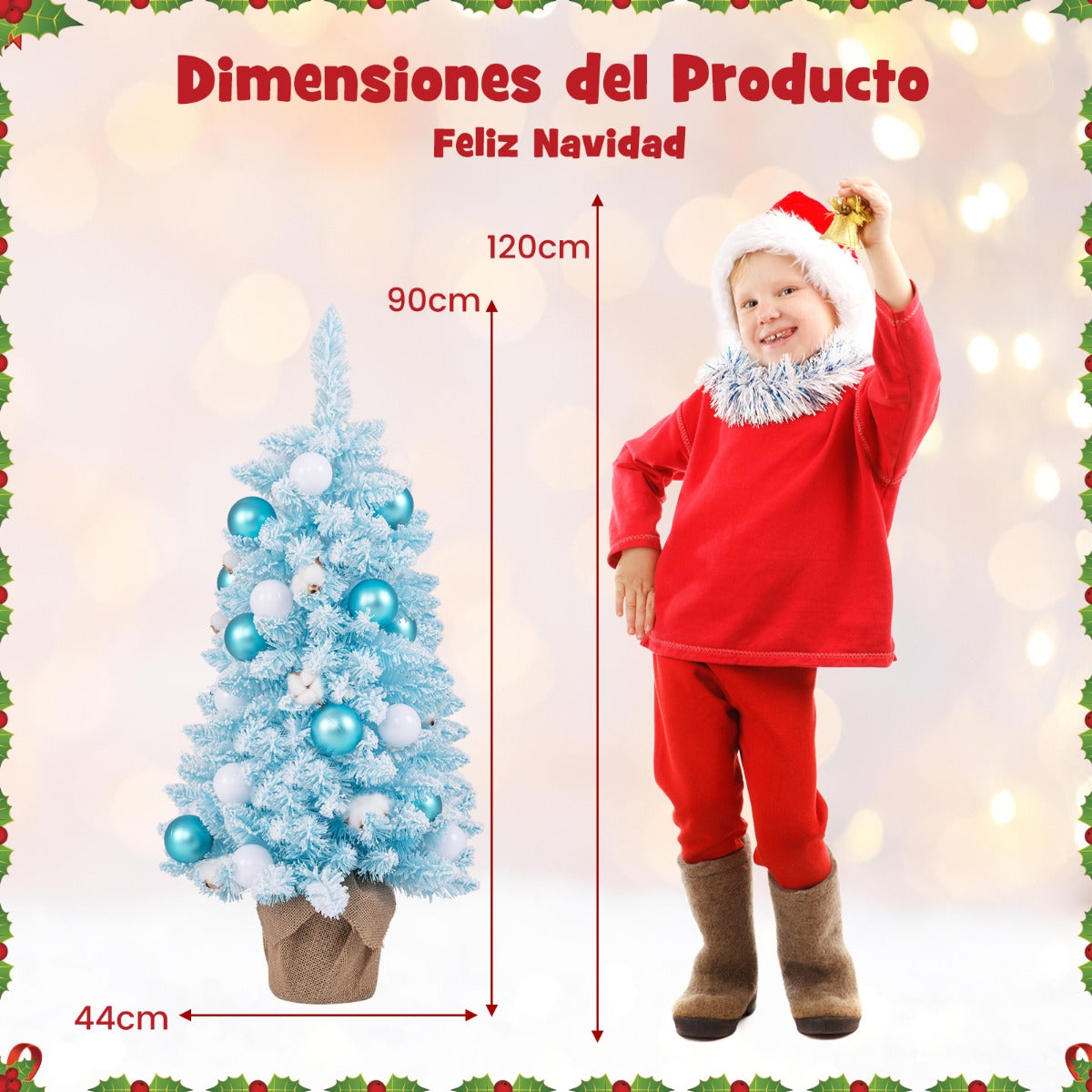 90 cm Mini Árbol de Navidad Artificial Navideño de Sobremesa Predecorado con 12 Bolas de Algodón 24 Bolas Decorativas Ramas Nevadas Azul