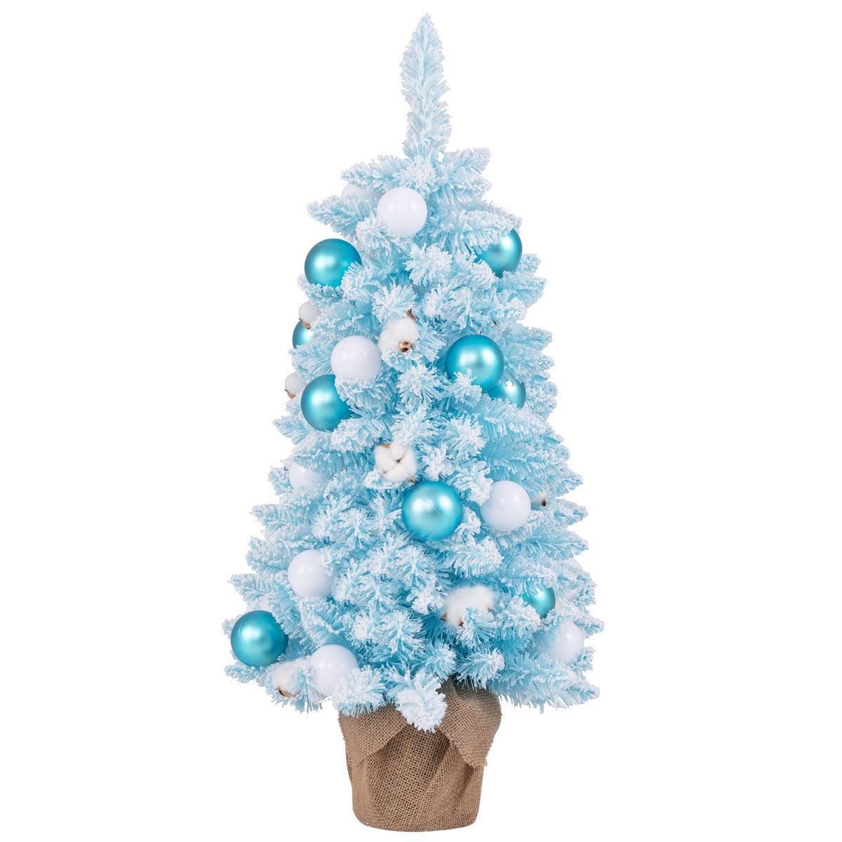 90 cm Mini Árbol de Navidad Artificial Navideño de Sobremesa Predecorado con 12 Bolas de Algodón 24 Bolas Decorativas Ramas Nevadas Azul