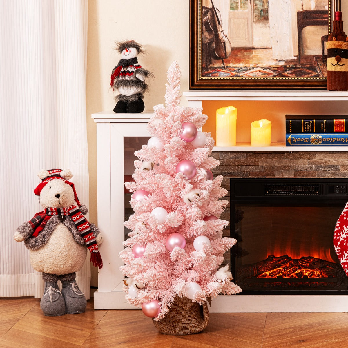 90 cm Mini Árbol de Navidad Artificial Navideño de Sobremesa Predecorado con 12 Bolas de Algodón 24 Bolas Decorativas Ramas Nevadas Rosa