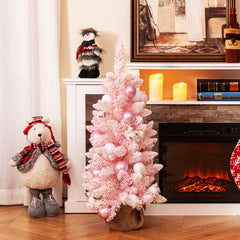 90 cm Mini Árbol de Navidad Artificial Navideño de Sobremesa Predecorado con 12 Bolas de Algodón 24 Bolas Decorativas Ramas Nevadas Rosa
