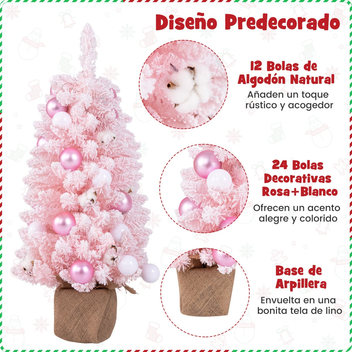 90 cm Mini Árbol de Navidad Artificial Navideño de Sobremesa Predecorado con 12 Bolas de Algodón 24 Bolas Decorativas Ramas Nevadas Rosa