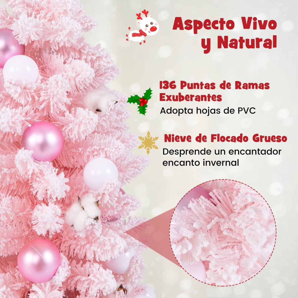 90 cm Mini Árbol de Navidad Artificial Navideño de Sobremesa Predecorado con 12 Bolas de Algodón 24 Bolas Decorativas Ramas Nevadas Rosa