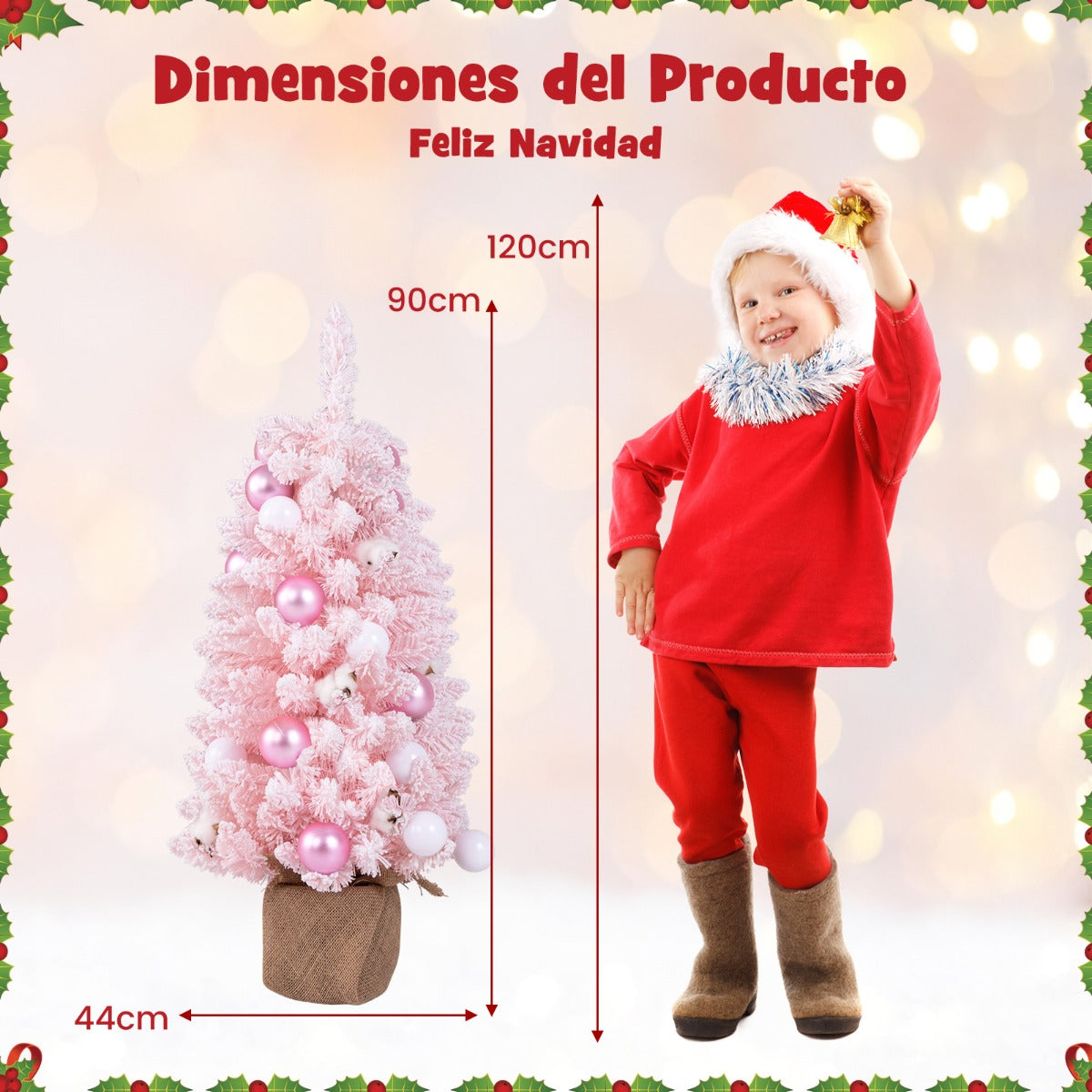 90 cm Mini Árbol de Navidad Artificial Navideño de Sobremesa Predecorado con 12 Bolas de Algodón 24 Bolas Decorativas Ramas Nevadas Rosa