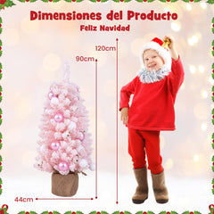 90 cm Mini Árbol de Navidad Artificial Navideño de Sobremesa Predecorado con 12 Bolas de Algodón 24 Bolas Decorativas Ramas Nevadas Rosa