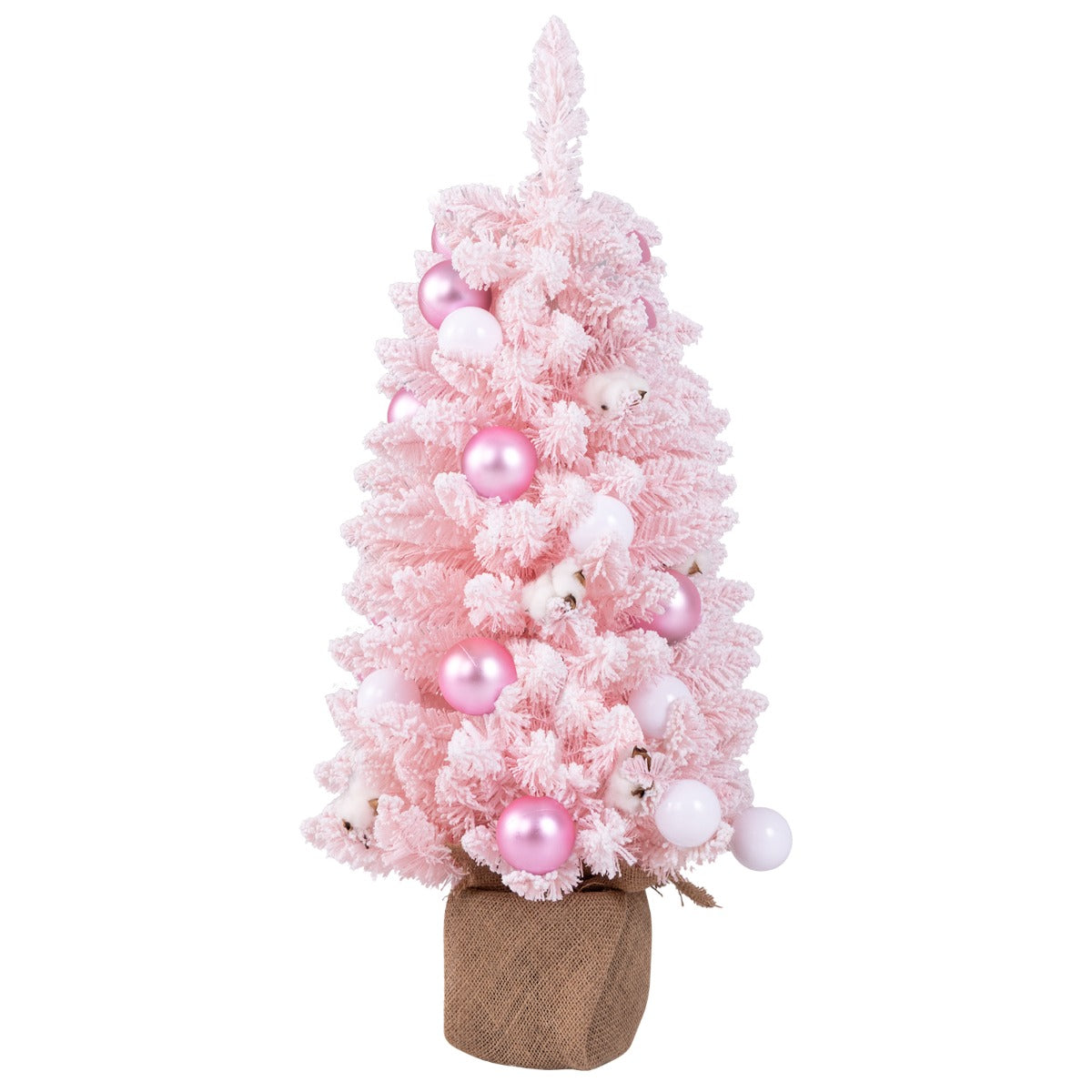 90 cm Mini Árbol de Navidad Artificial Navideño de Sobremesa Predecorado con 12 Bolas de Algodón 24 Bolas Decorativas Ramas Nevadas Rosa