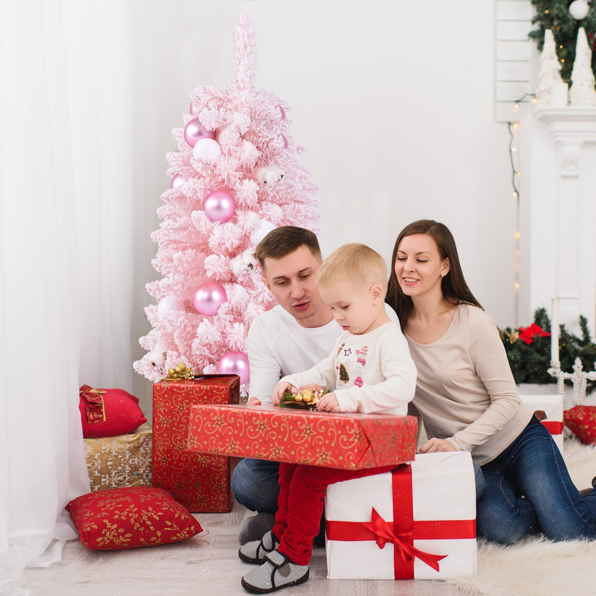 90 cm Mini Árbol de Navidad Artificial Navideño de Sobremesa Predecorado con 12 Bolas de Algodón 24 Bolas Decorativas Ramas Nevadas Rosa