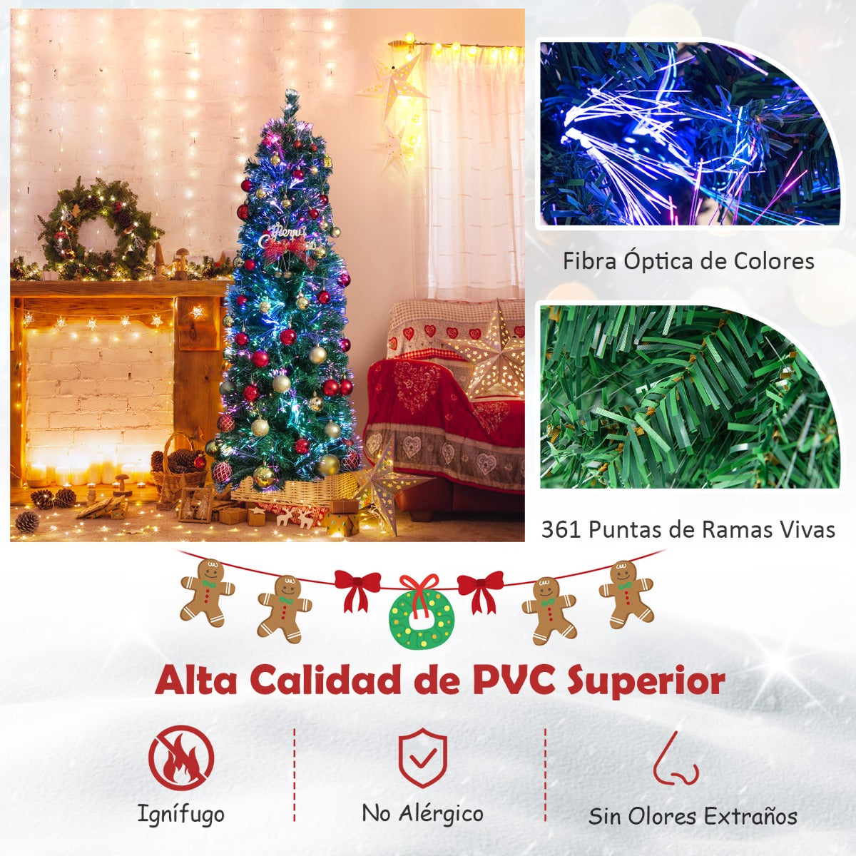 150cm/180cm Árbol de Navidad Artificial de Fibra Óptica en Forma de Lápiz Preiluminado Soporte de Metal Plegable-150cm
