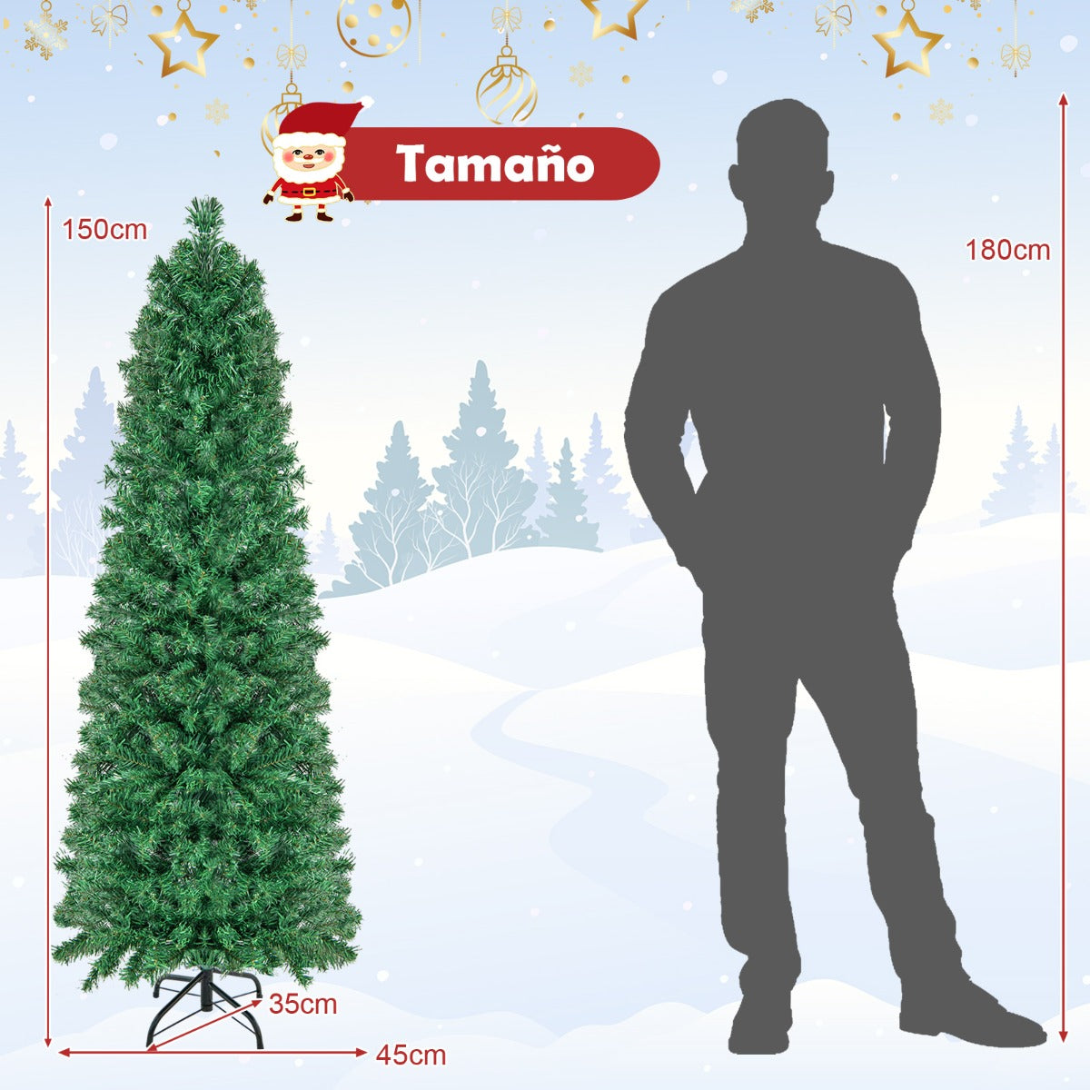 150cm/180cm Árbol de Navidad Artificial de Fibra Óptica en Forma de Lápiz Preiluminado Soporte de Metal Plegable-150cm
