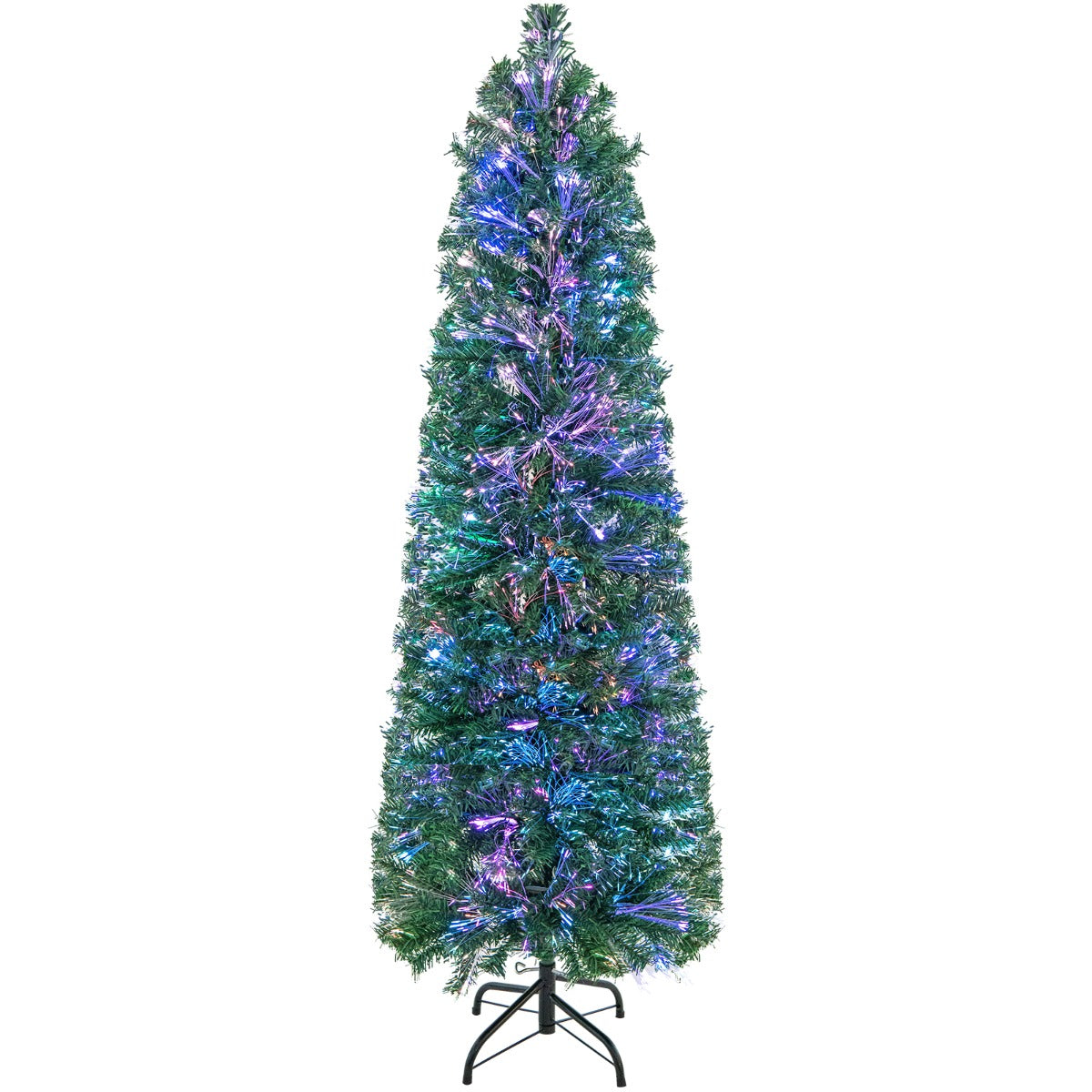 150cm/180cm Árbol de Navidad Artificial de Fibra Óptica en Forma de Lápiz Preiluminado Soporte de Metal Plegable-150cm