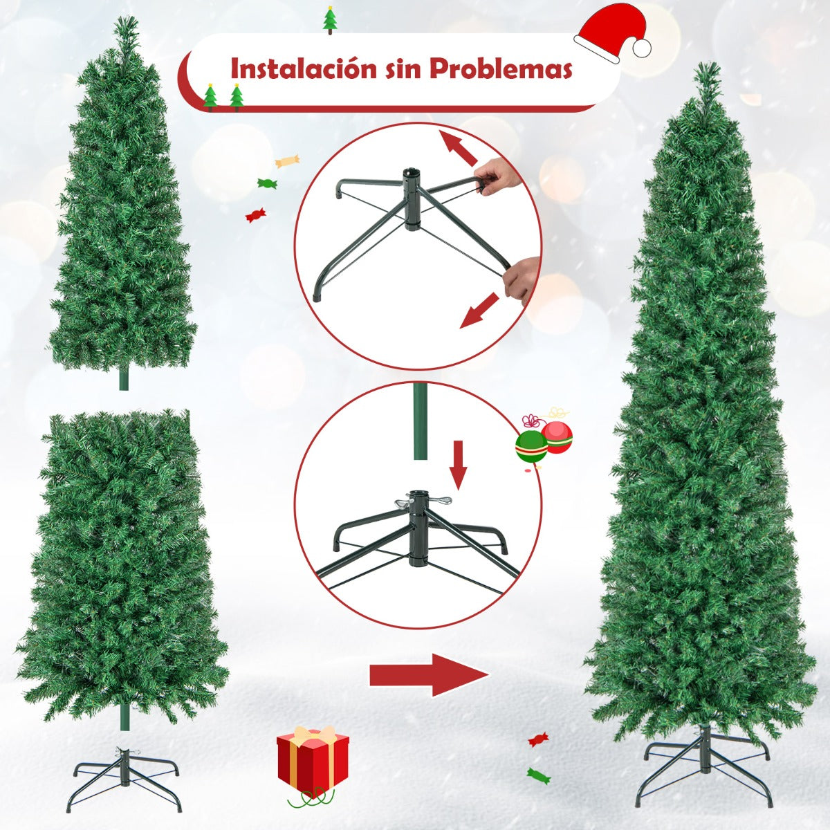 150cm/180cm Árbol de Navidad Artificial de Fibra Óptica en Forma de Lápiz Preiluminado Soporte de Metal Plegable-180cm