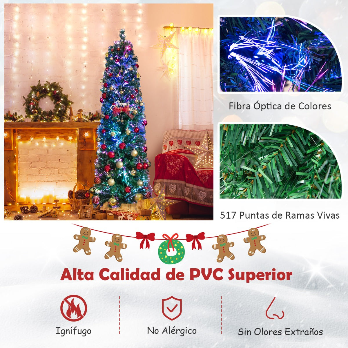 150cm/180cm Árbol de Navidad Artificial de Fibra Óptica en Forma de Lápiz Preiluminado Soporte de Metal Plegable-180cm