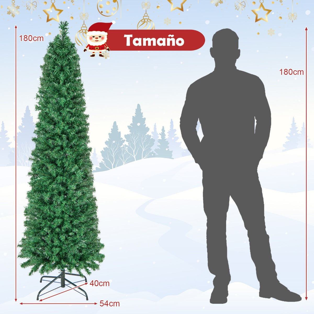 150cm/180cm Árbol de Navidad Artificial de Fibra Óptica en Forma de Lápiz Preiluminado Soporte de Metal Plegable-180cm