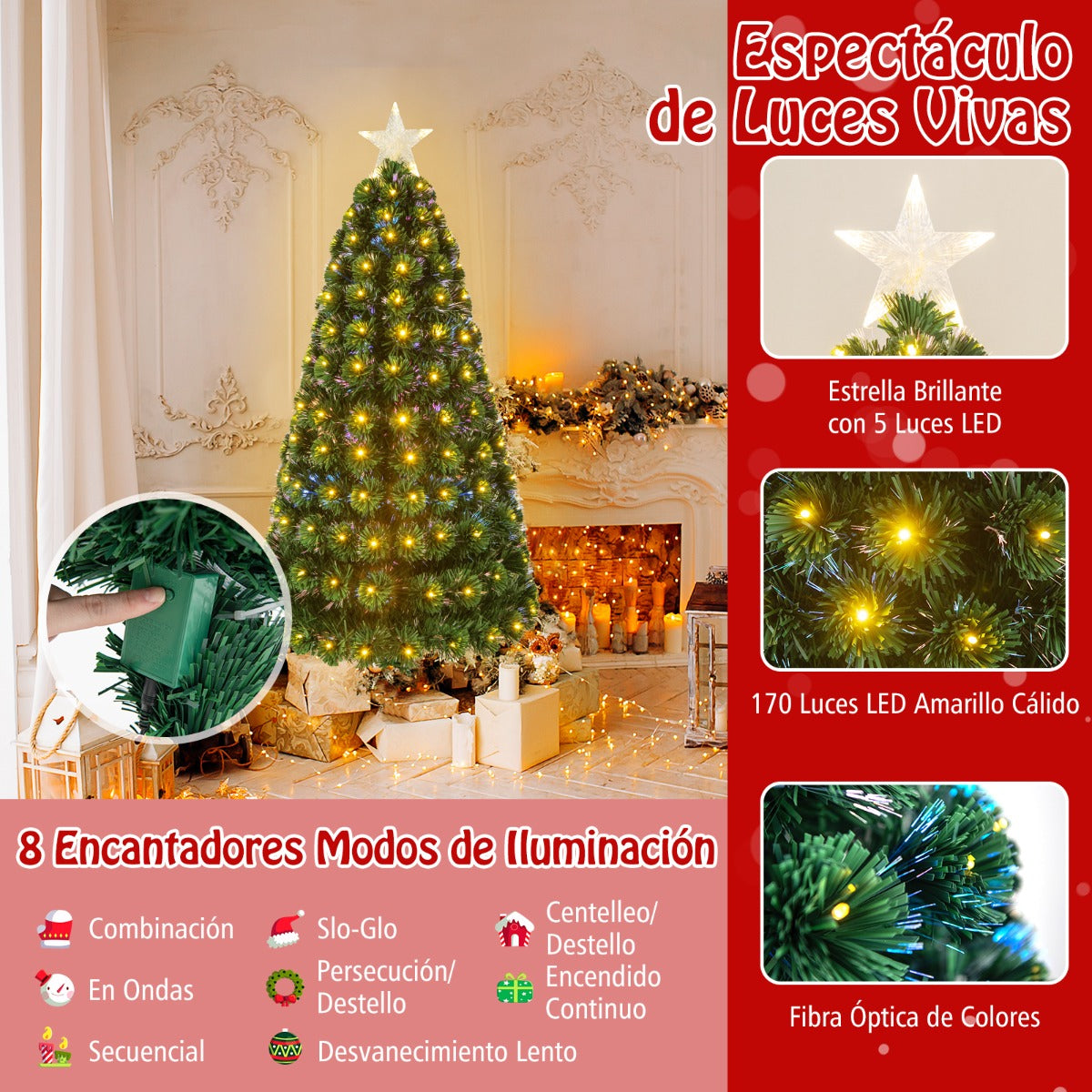 150cm/180cm Árbol de Navidad Artificial con Luces LED Amarillas Cálidas 8 Modos de Iluminación Verde-150cm