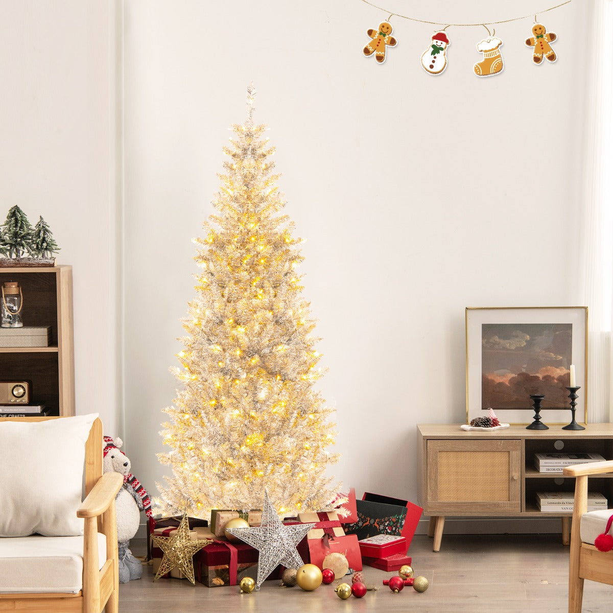 180cm Árbol de Navidad Artificial Plateado de Oropel con 790 Puntas de Ramas 300 Luces LED Blancas Cálidas