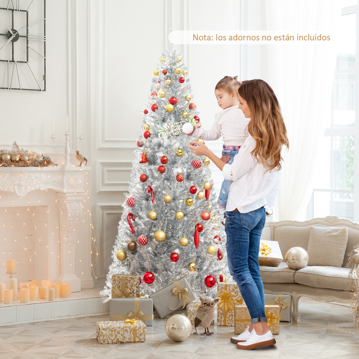 180cm Árbol de Navidad Artificial Plateado de Oropel con 790 Puntas de Ramas 300 Luces LED Blancas Cálidas