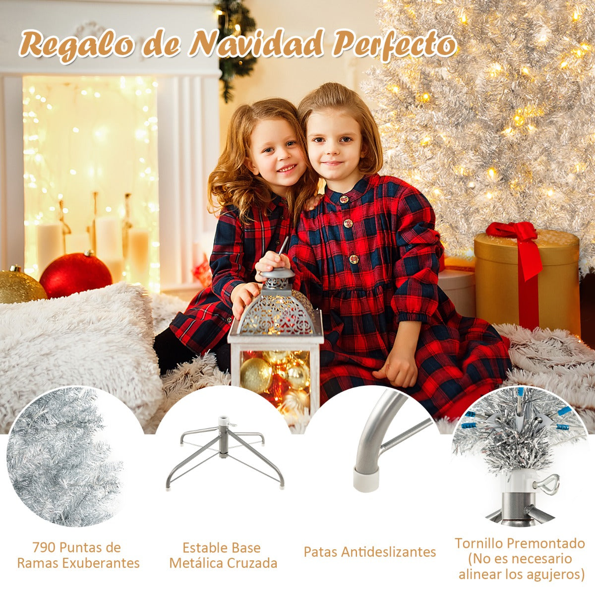 180cm Árbol de Navidad Artificial Plateado de Oropel con 790 Puntas de Ramas 300 Luces LED Blancas Cálidas