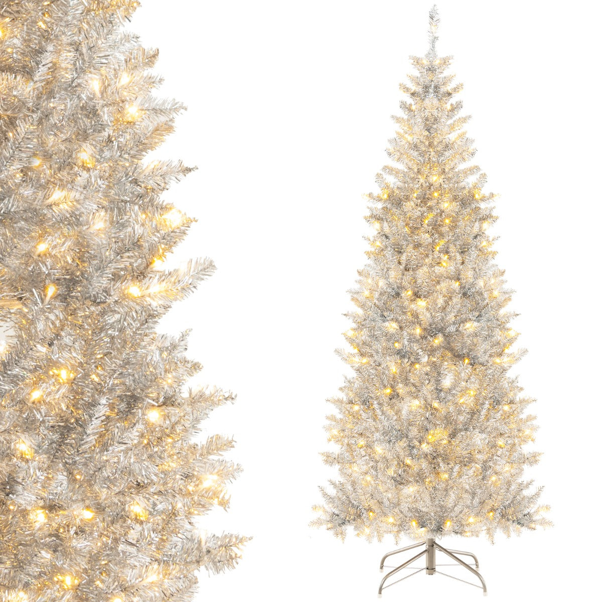 180cm Árbol de Navidad Artificial Plateado de Oropel con 790 Puntas de Ramas 300 Luces LED Blancas Cálidas