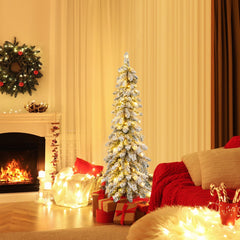 120/150cm Árbol de Navidad Artificial Delgado Nevado con Luces LED 2 Colores de Iluminación 11 Modos Dinámicos-120cm