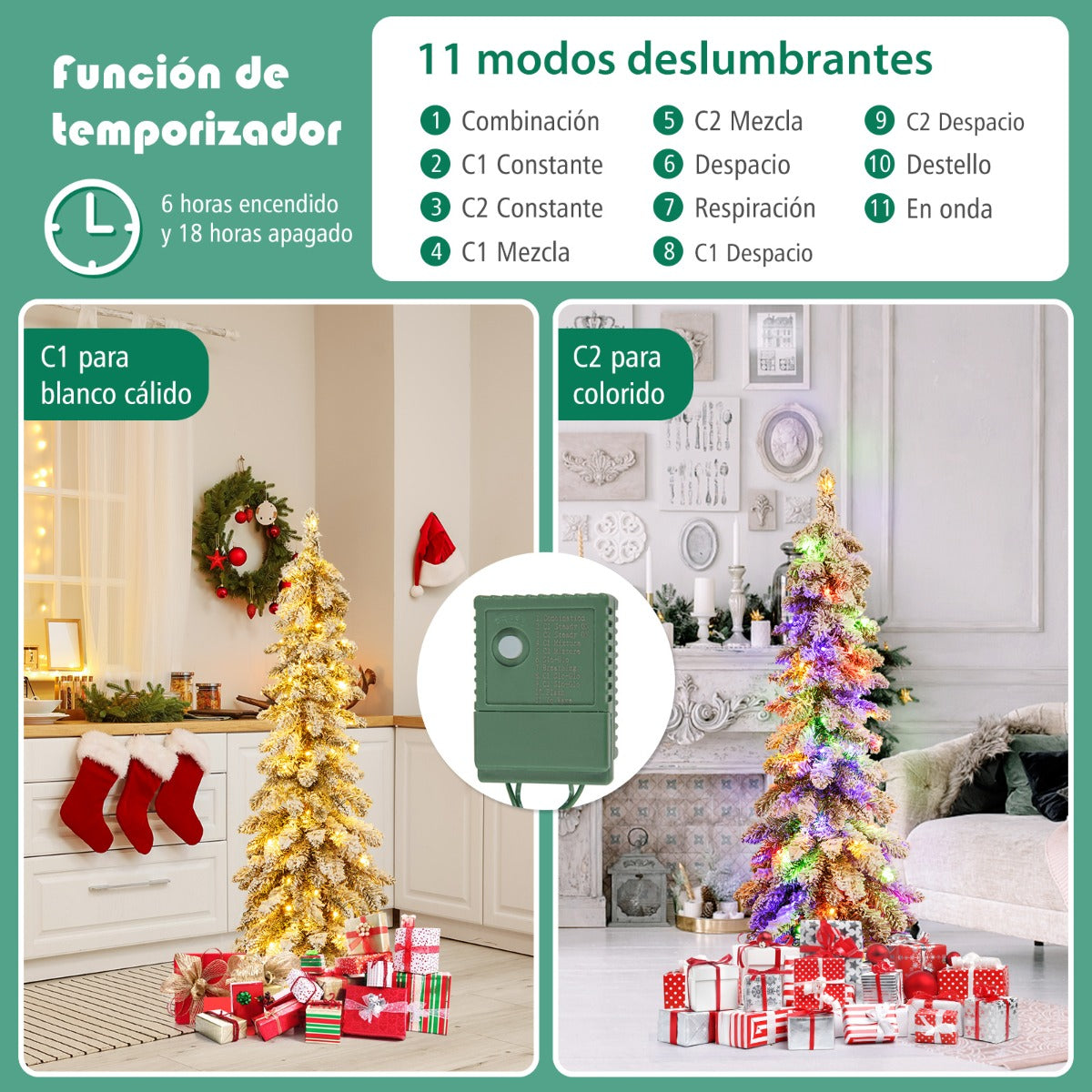 120/150cm Árbol de Navidad Artificial Delgado Nevado con Luces LED 2 Colores de Iluminación 11 Modos Dinámicos-120cm