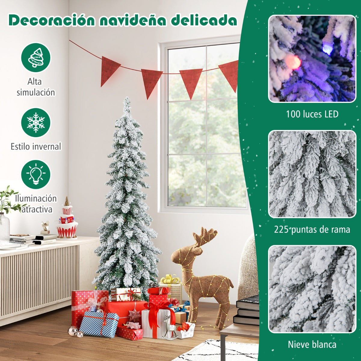 120/150cm Árbol de Navidad Artificial Delgado Nevado con Luces LED 2 Colores de Iluminación 11 Modos Dinámicos-120cm