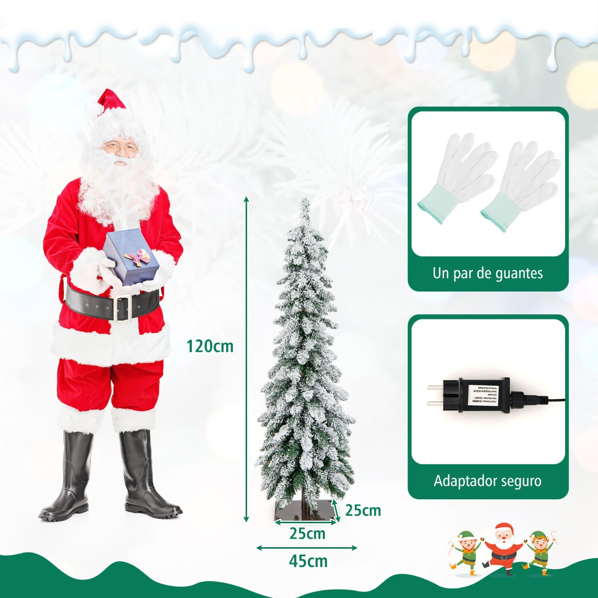 120/150cm Árbol de Navidad Artificial Delgado Nevado con Luces LED 2 Colores de Iluminación 11 Modos Dinámicos-120cm