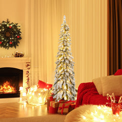 120/150cm Árbol de Navidad Artificial Delgado Nevado con Luces LED 2 Colores de Iluminación 11 Modos Dinámicos-150cm
