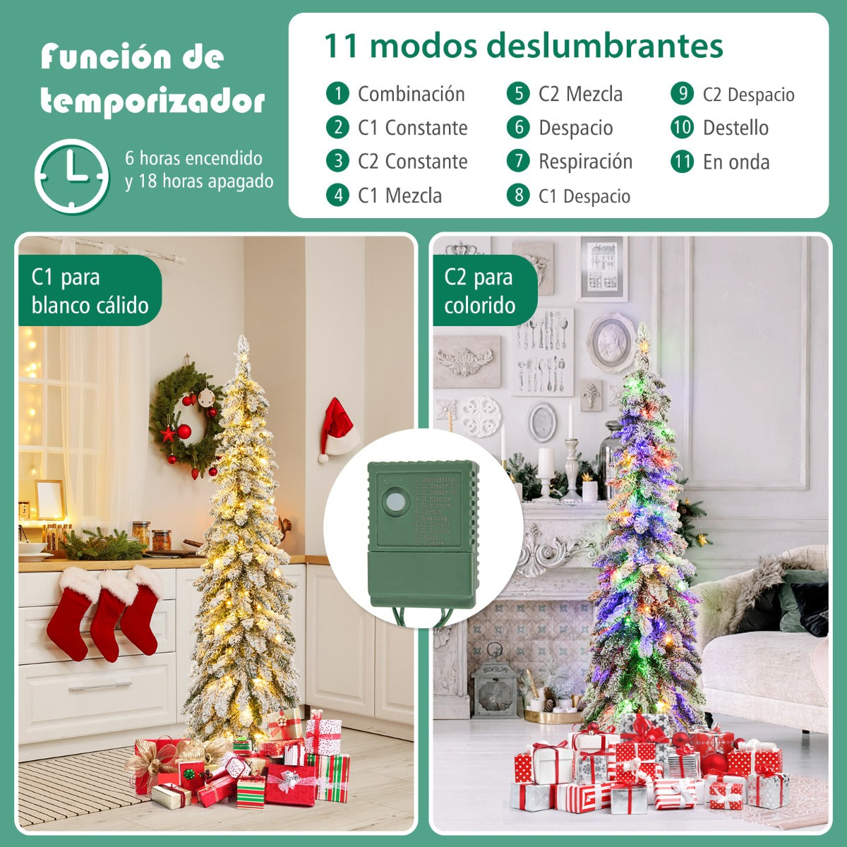 120/150cm Árbol de Navidad Artificial Delgado Nevado con Luces LED 2 Colores de Iluminación 11 Modos Dinámicos-150cm
