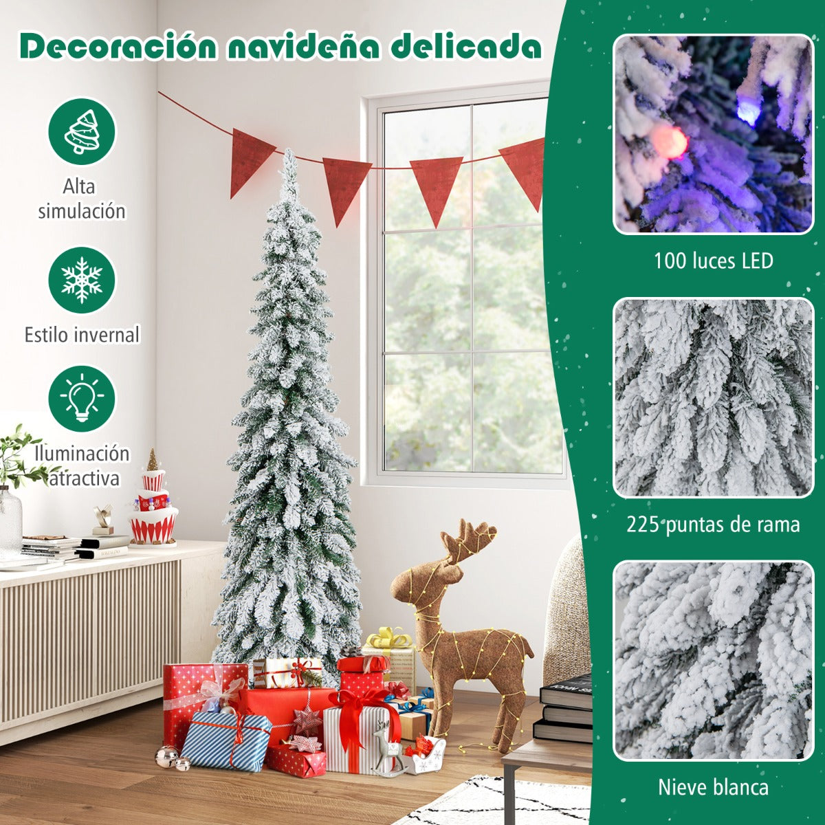 120/150cm Árbol de Navidad Artificial Delgado Nevado con Luces LED 2 Colores de Iluminación 11 Modos Dinámicos-150cm