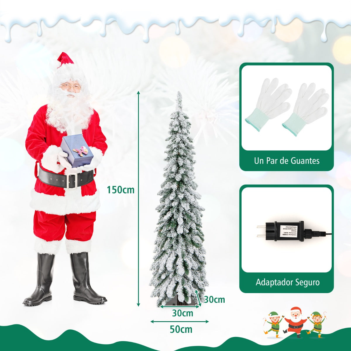 120/150cm Árbol de Navidad Artificial Delgado Nevado con Luces LED 2 Colores de Iluminación 11 Modos Dinámicos-150cm