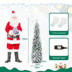120/150cm Árbol de Navidad Artificial Delgado Nevado con Luces LED 2 Colores de Iluminación 11 Modos Dinámicos-150cm