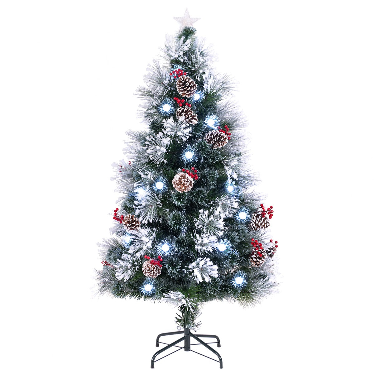 150 cm Árbol de Navidad Flocado Artificial con 170 Ramas Agujas de Pino 18 Racimos de Bayas Rojas 18 Piñas Fibras Ópticas 49 Luces LED