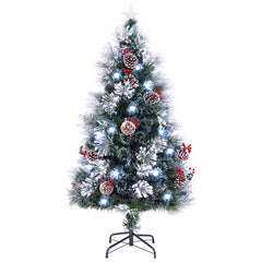 150 cm Árbol de Navidad Flocado Artificial con 170 Ramas Agujas de Pino 18 Racimos de Bayas Rojas 18 Piñas Fibras Ópticas 49 Luces LED