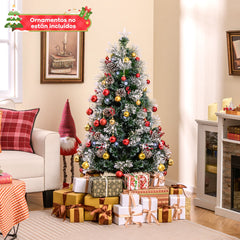 150 cm Árbol de Navidad Flocado Artificial con 170 Ramas Agujas de Pino 18 Racimos de Bayas Rojas 18 Piñas Fibras Ópticas 49 Luces LED