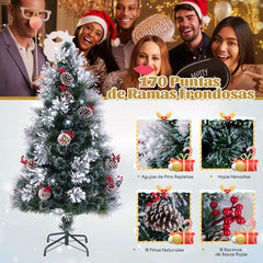 150 cm Árbol de Navidad Flocado Artificial con 170 Ramas Agujas de Pino 18 Racimos de Bayas Rojas 18 Piñas Fibras Ópticas 49 Luces LED