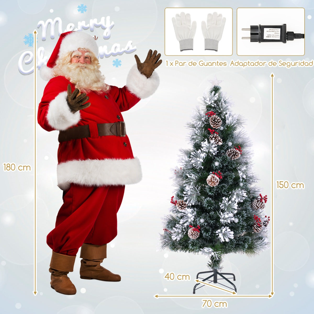 150 cm Árbol de Navidad Flocado Artificial con 170 Ramas Agujas de Pino 18 Racimos de Bayas Rojas 18 Piñas Fibras Ópticas 49 Luces LED